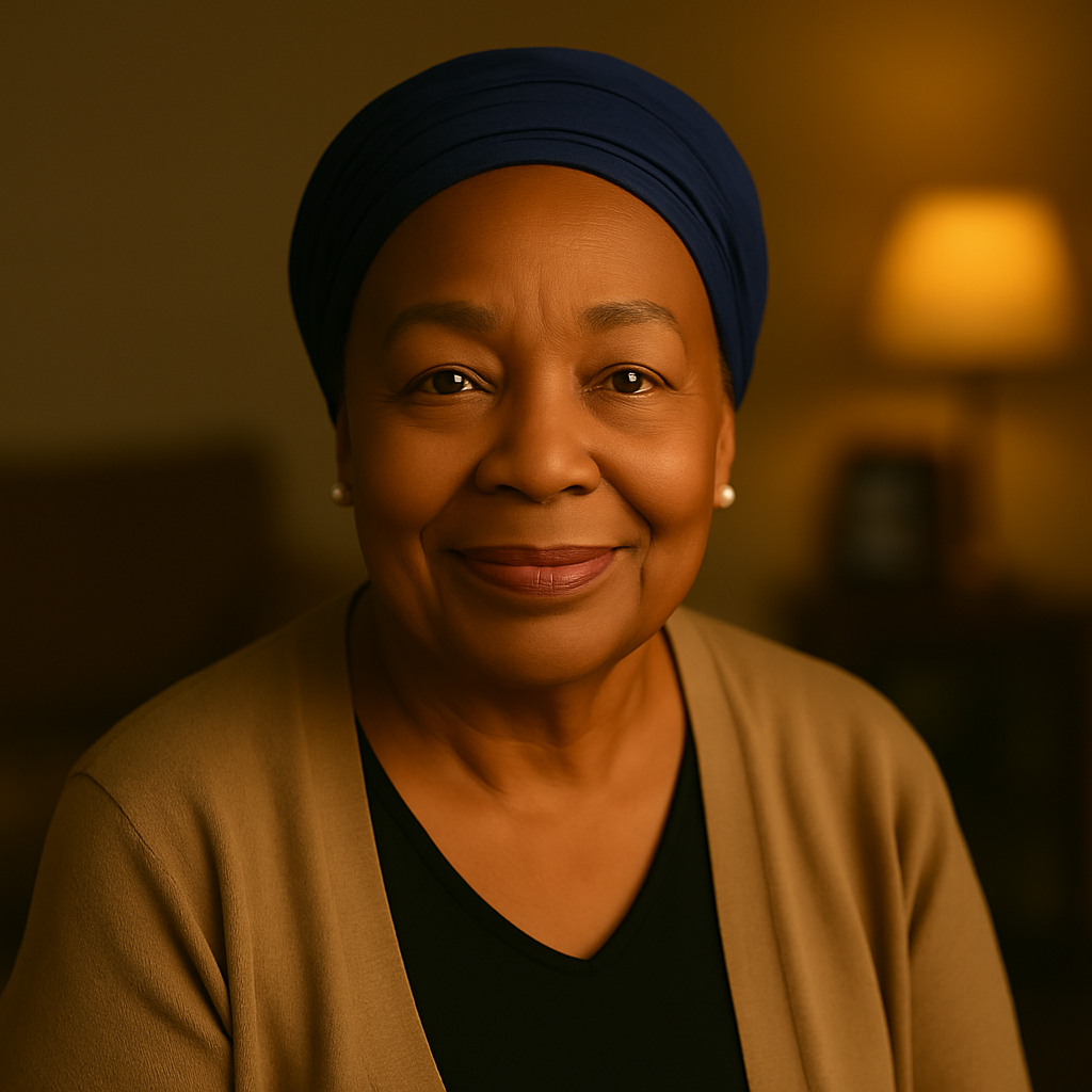 Smiling woman in blue headwrap
